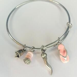 Silver Tone Pink Enamel Expandable Charm Bracelet